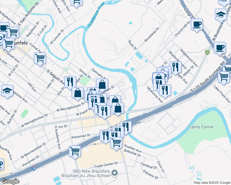 map of restaurants, bars, coffee shops, grocery stores, and more near 960 Sanger Avenue in New Braunfels