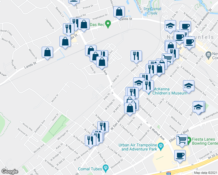 map of restaurants, bars, coffee shops, grocery stores, and more near 1105 West Eikel Street in New Braunfels