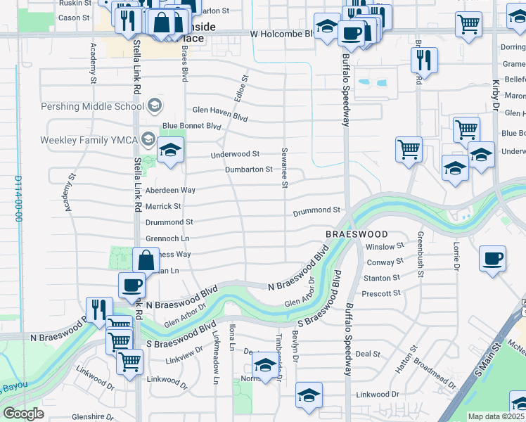 map of restaurants, bars, coffee shops, grocery stores, and more near 3622 Drummond Street in Houston