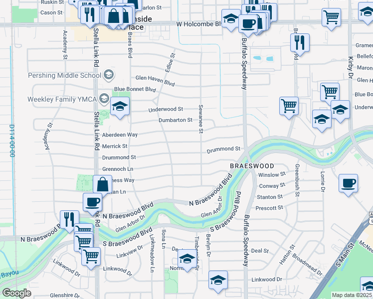 map of restaurants, bars, coffee shops, grocery stores, and more near 3622 Drummond Street in Houston