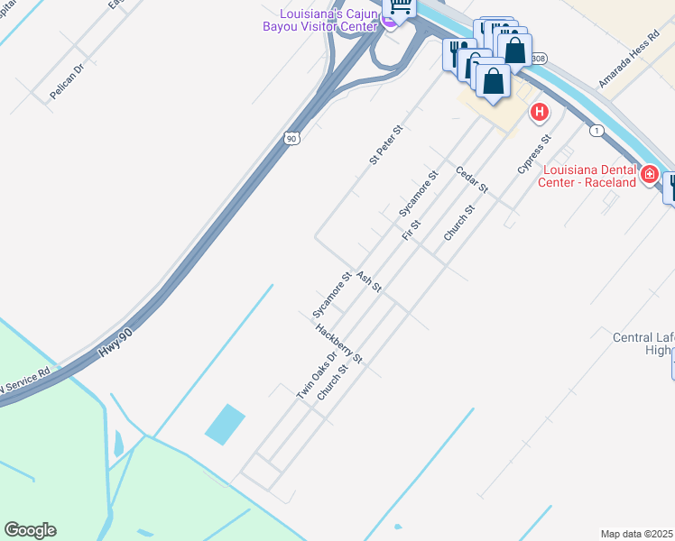 map of restaurants, bars, coffee shops, grocery stores, and more near 418 Sycamore Street in Raceland