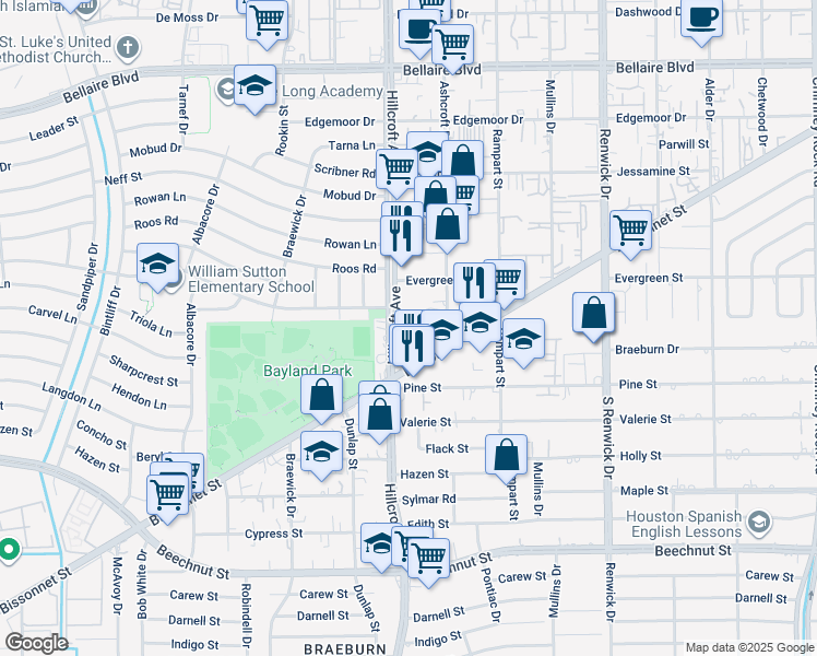 map of restaurants, bars, coffee shops, grocery stores, and more near in Houston
