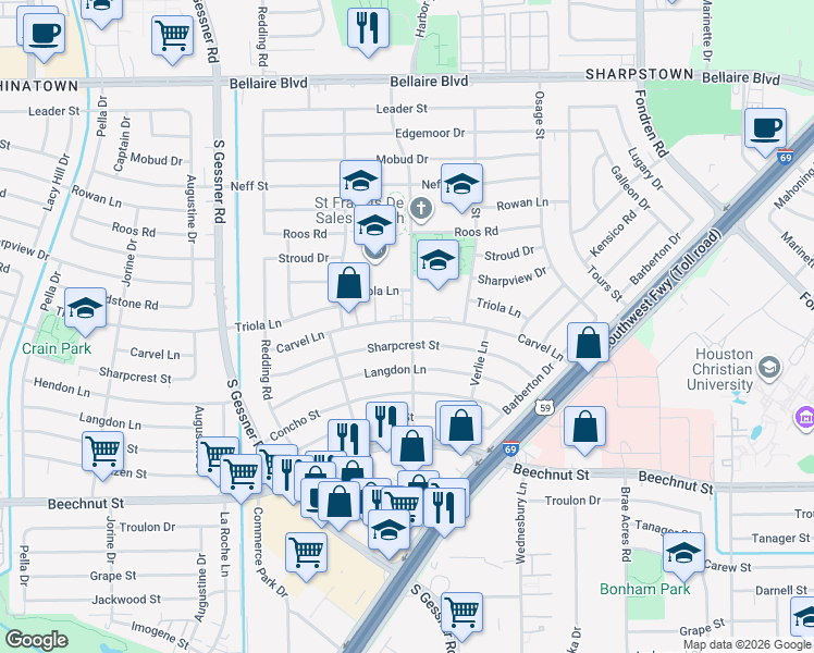 map of restaurants, bars, coffee shops, grocery stores, and more near in Houston