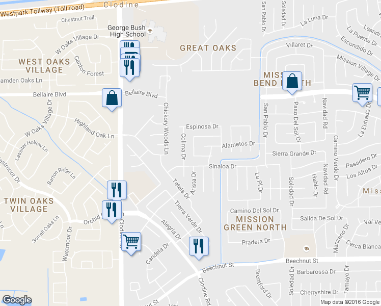 map of restaurants, bars, coffee shops, grocery stores, and more near 7222 Arista Drive in Houston
