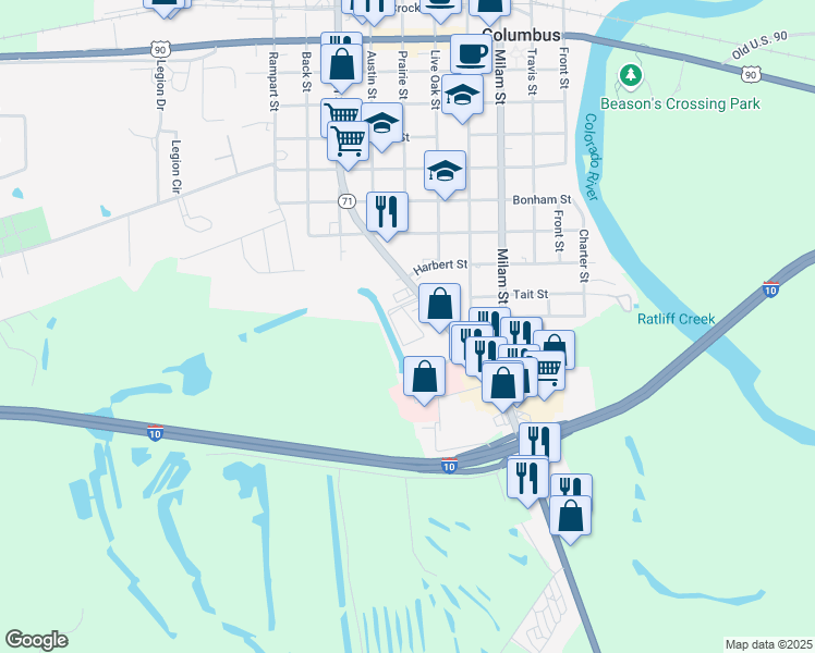 map of restaurants, bars, coffee shops, grocery stores, and more near 1880 Texas 71 Business in Columbus