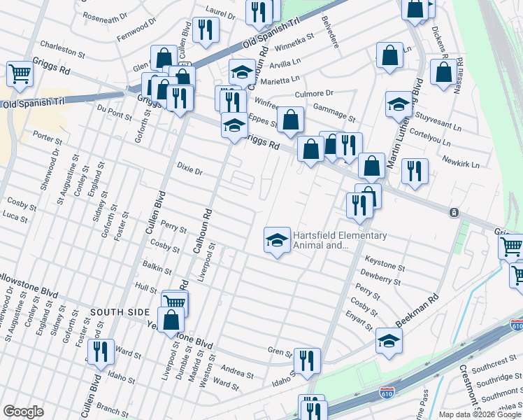 map of restaurants, bars, coffee shops, grocery stores, and more near 4625 Kingsbury Street in Houston