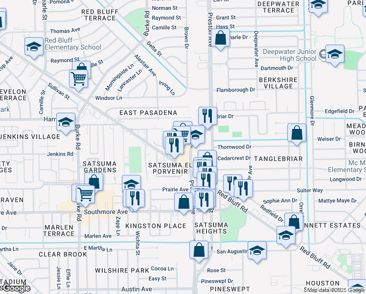 map of restaurants, bars, coffee shops, grocery stores, and more near 962-998 Preston Road in Pasadena