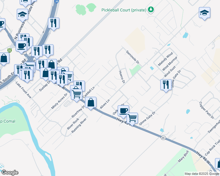 map of restaurants, bars, coffee shops, grocery stores, and more near 922 Brown Rock Drive in New Braunfels