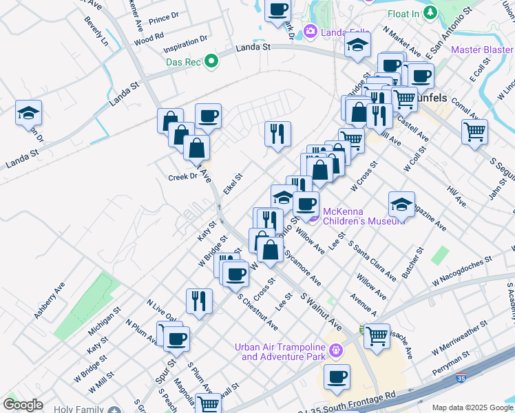 map of restaurants, bars, coffee shops, grocery stores, and more near 893 West Bridge Street in New Braunfels