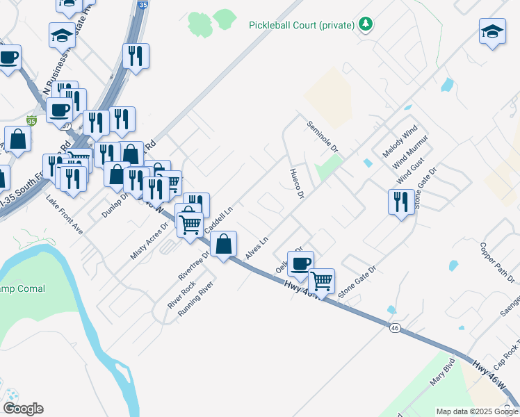 map of restaurants, bars, coffee shops, grocery stores, and more near 965 Brown Rock Drive in New Braunfels