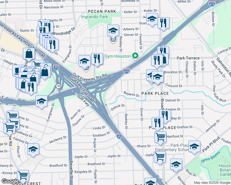 map of restaurants, bars, coffee shops, grocery stores, and more near 7313 Gulf Freeway in Houston