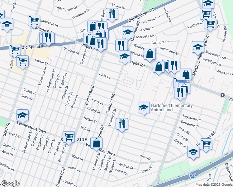 map of restaurants, bars, coffee shops, grocery stores, and more near 4529 Keystone Street in Houston