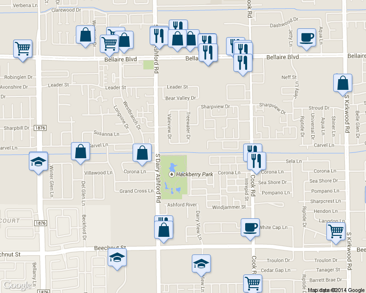 map of restaurants, bars, coffee shops, grocery stores, and more near 7314 Autumn Grove Drive in Houston