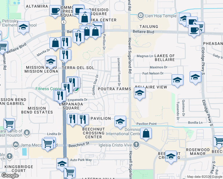 map of restaurants, bars, coffee shops, grocery stores, and more near 14271 Pointa Vera Drive in Houston
