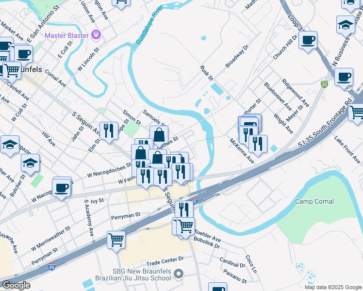 map of restaurants, bars, coffee shops, grocery stores, and more near 960 Sanger Avenue in New Braunfels