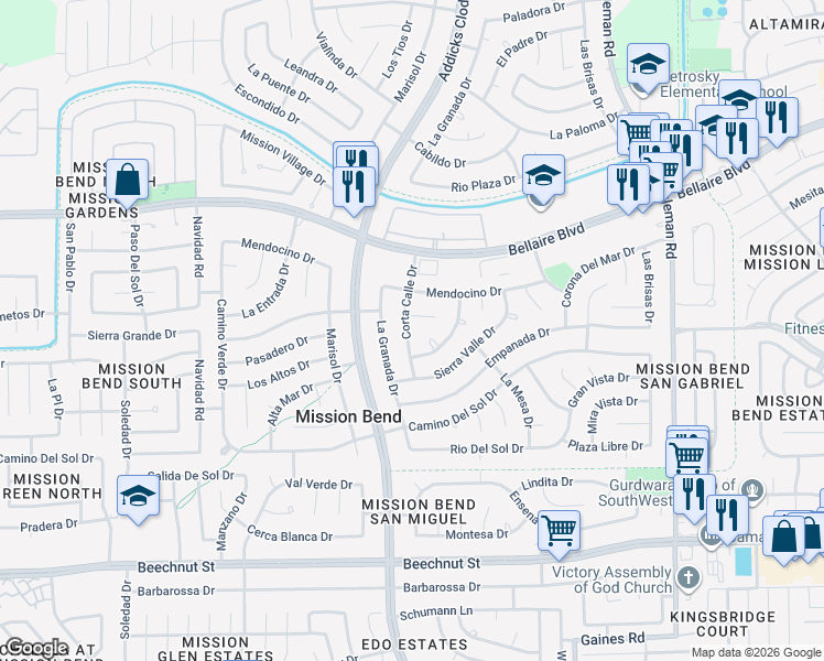 map of restaurants, bars, coffee shops, grocery stores, and more near 7211 Corta Calle Drive in Houston