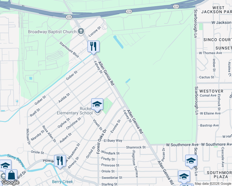 map of restaurants, bars, coffee shops, grocery stores, and more near 4935 Falvey Street in Houston