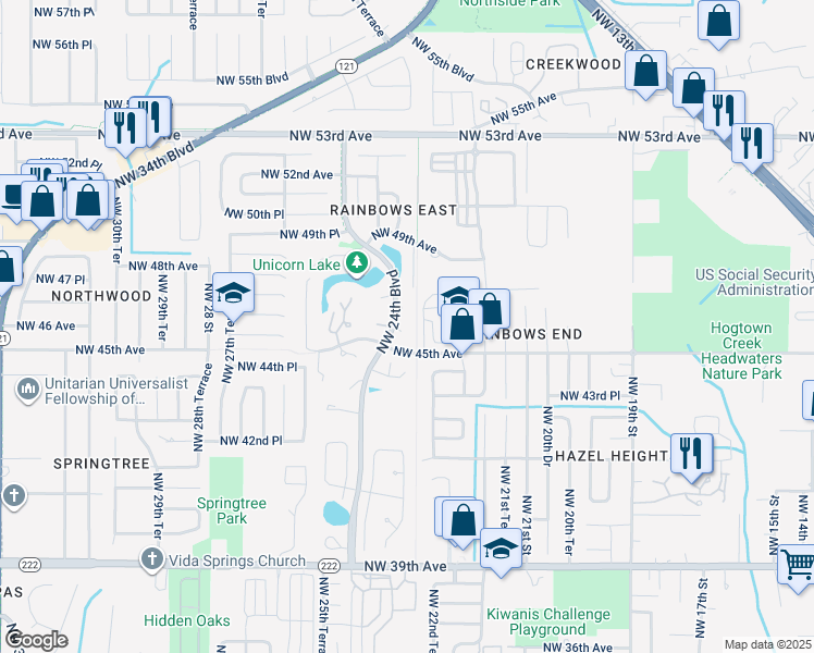 map of restaurants, bars, coffee shops, grocery stores, and more near 2356 Northwest 45th Lane in Gainesville