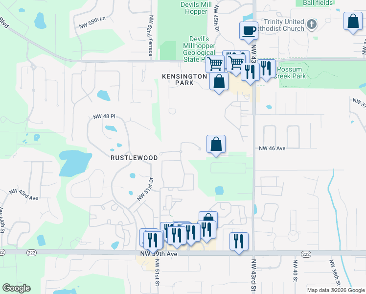 map of restaurants, bars, coffee shops, grocery stores, and more near 4867 Northwest 46th Place in Gainesville