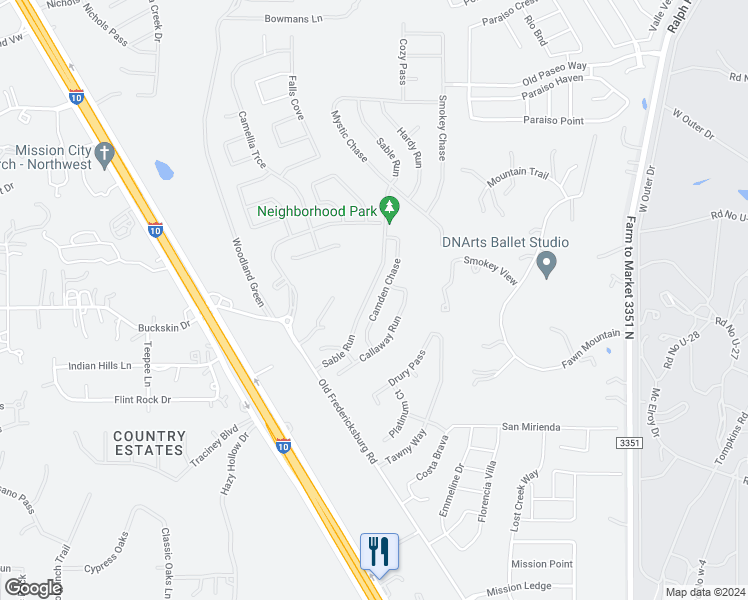 map of restaurants, bars, coffee shops, grocery stores, and more near 26643 Camden Chase in Boerne