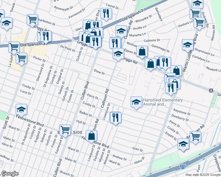 map of restaurants, bars, coffee shops, grocery stores, and more near 4529 Keystone Street in Houston
