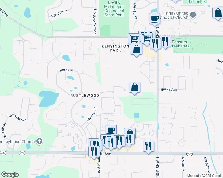 map of restaurants, bars, coffee shops, grocery stores, and more near 4867 Northwest 46th Place in Gainesville