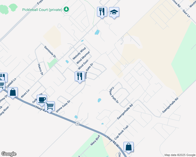 map of restaurants, bars, coffee shops, grocery stores, and more near 1137 Stone Branch in New Braunfels