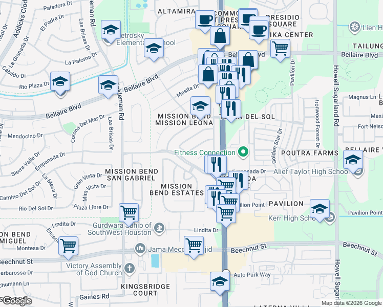 map of restaurants, bars, coffee shops, grocery stores, and more near 14811 San Luis Rey Drive in Houston