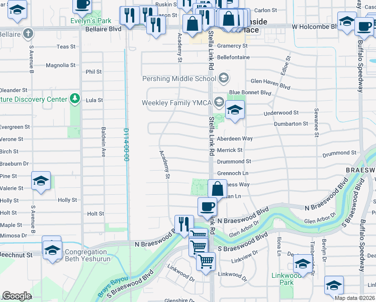 map of restaurants, bars, coffee shops, grocery stores, and more near 4034 Merrick Street in Houston
