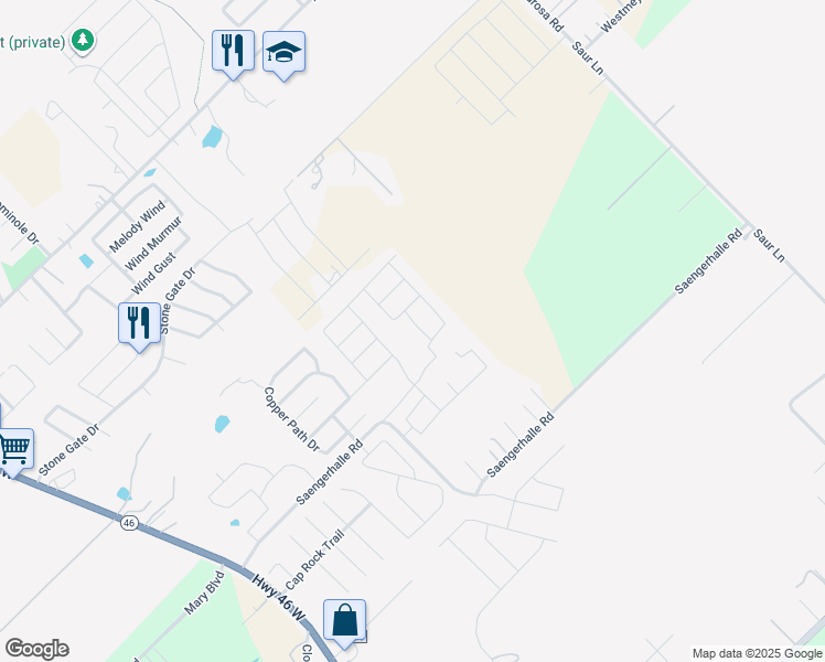 map of restaurants, bars, coffee shops, grocery stores, and more near 1366 Rios Bend Drive in New Braunfels