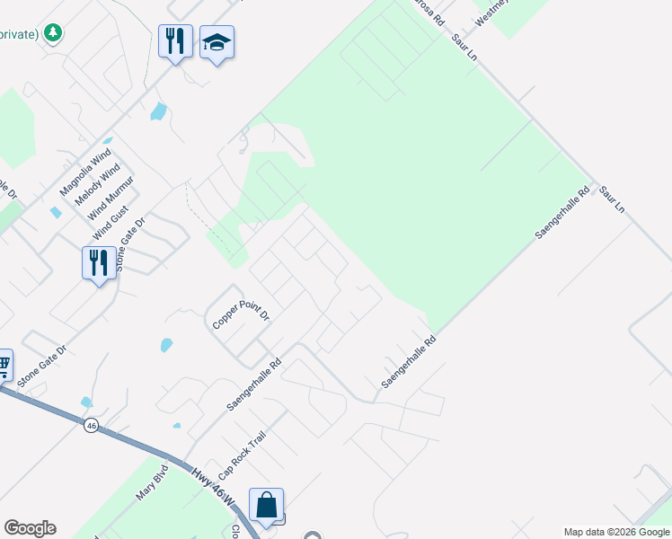 map of restaurants, bars, coffee shops, grocery stores, and more near 1392 Kelly River Street in New Braunfels