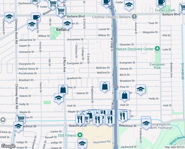 map of restaurants, bars, coffee shops, grocery stores, and more near 4813 Welford Drive in Bellaire