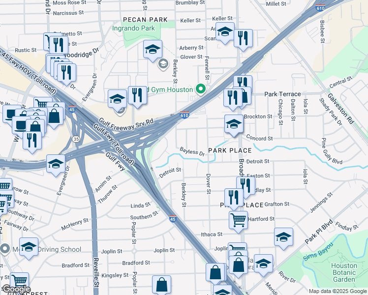 map of restaurants, bars, coffee shops, grocery stores, and more near 2927 Berkley Street in Houston