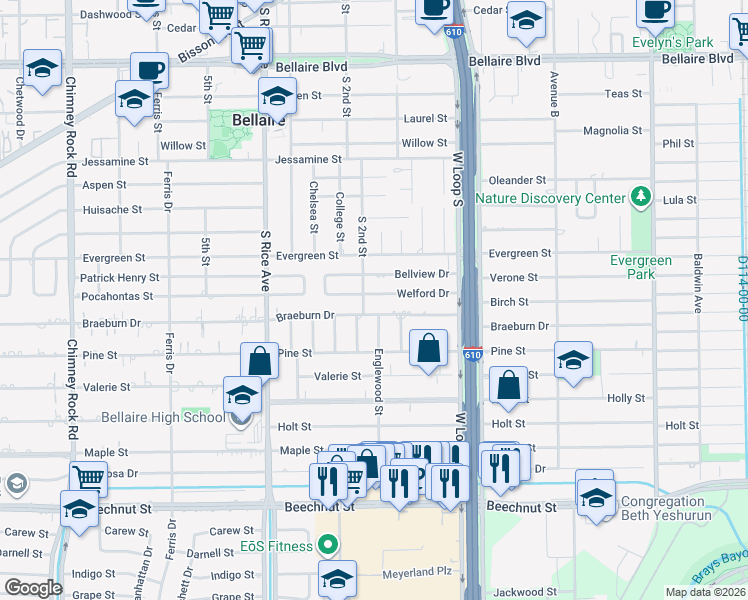 map of restaurants, bars, coffee shops, grocery stores, and more near 4813 Welford Drive in Bellaire