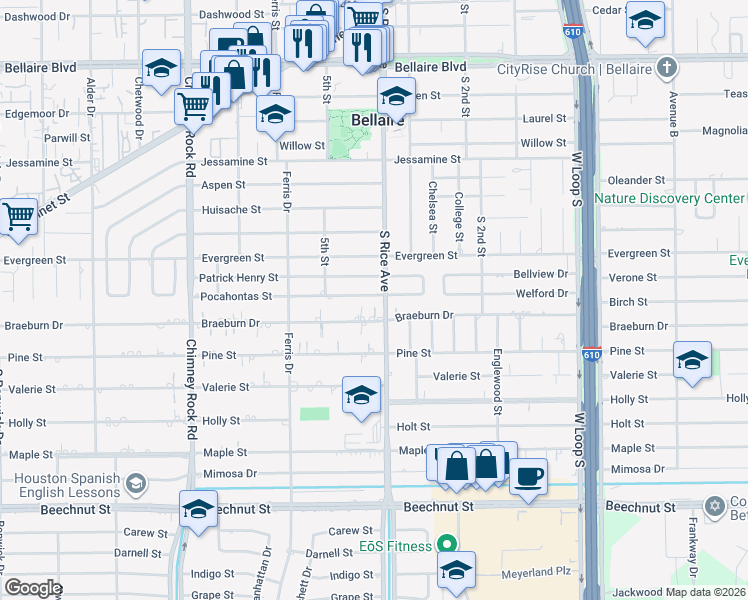 map of restaurants, bars, coffee shops, grocery stores, and more near 5107 Pocahontas Street in Bellaire