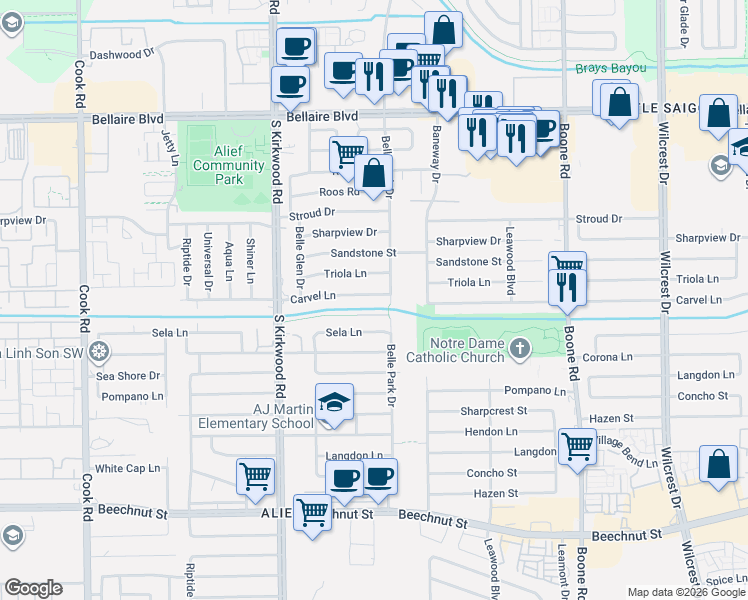 map of restaurants, bars, coffee shops, grocery stores, and more near 11603 Carvel Lane in Houston
