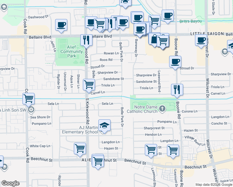 map of restaurants, bars, coffee shops, grocery stores, and more near 11603 Carvel Lane in Houston