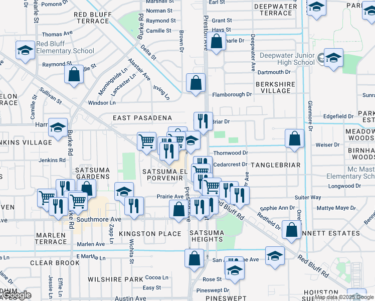 map of restaurants, bars, coffee shops, grocery stores, and more near 962 Preston Road in Pasadena