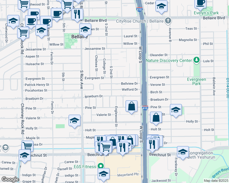 map of restaurants, bars, coffee shops, grocery stores, and more near 4813 Welford Drive in Bellaire