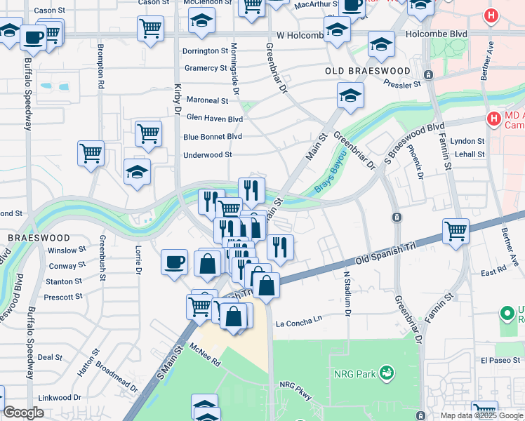 map of restaurants, bars, coffee shops, grocery stores, and more near 7700 Main street in Houston