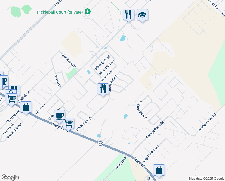 map of restaurants, bars, coffee shops, grocery stores, and more near 1137 Stone Branch in New Braunfels