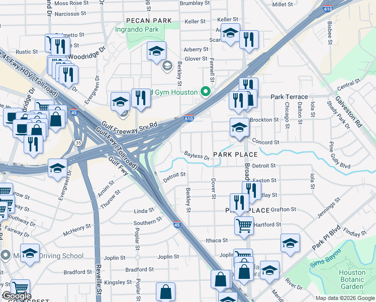 map of restaurants, bars, coffee shops, grocery stores, and more near 2927 Berkley Street in Houston