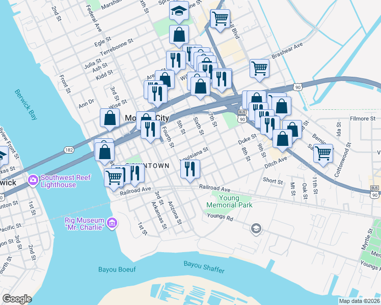 map of restaurants, bars, coffee shops, grocery stores, and more near 517 5th Street in Morgan City