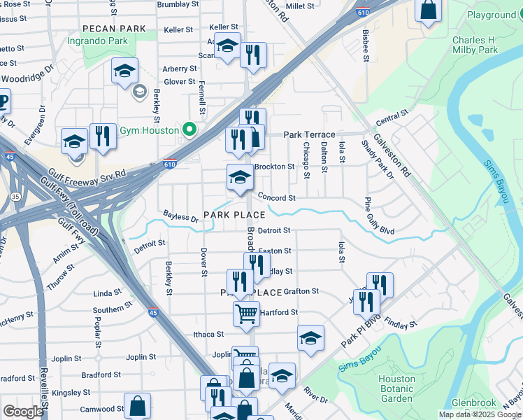 map of restaurants, bars, coffee shops, grocery stores, and more near 3003 Broadway Street in Houston