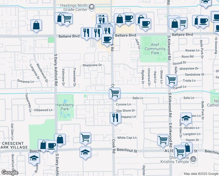 map of restaurants, bars, coffee shops, grocery stores, and more near 7500 Cook Road in Houston