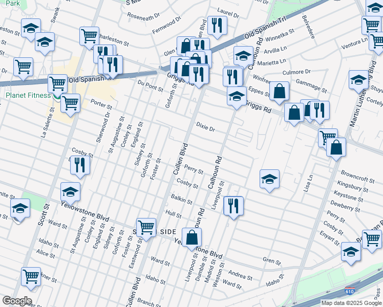 map of restaurants, bars, coffee shops, grocery stores, and more near 4514 Keystone Street in Houston