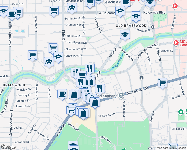 map of restaurants, bars, coffee shops, grocery stores, and more near 7700 Main street in Houston