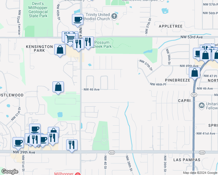 map of restaurants, bars, coffee shops, grocery stores, and more near 4607 Northwest 40 Street in Gainesville