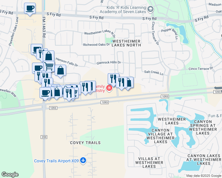 map of restaurants, bars, coffee shops, grocery stores, and more near 6734 Westheimer Lakes North Drive in Katy