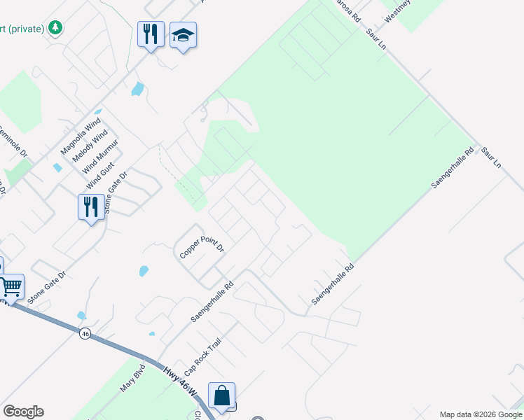 map of restaurants, bars, coffee shops, grocery stores, and more near 1366 Rios Bend Drive in New Braunfels